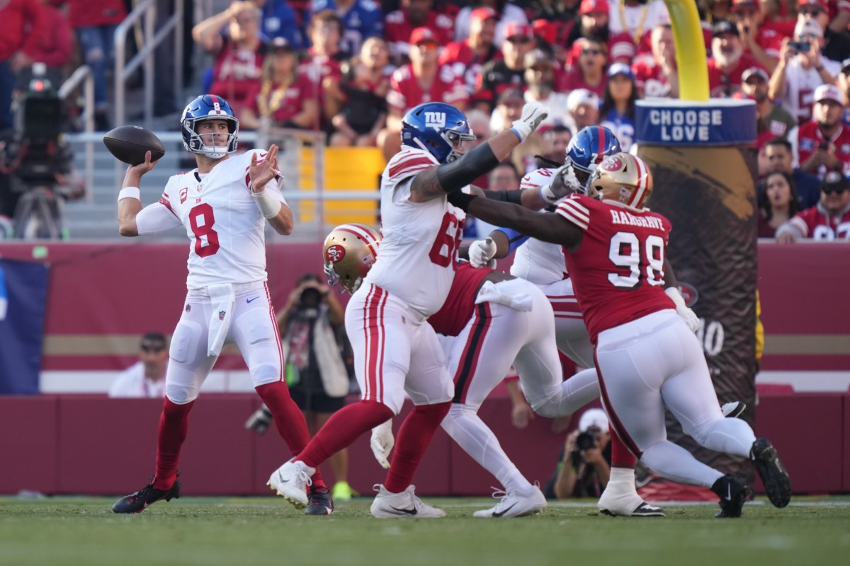 September 21, 2023; Santa Clara, California, USA; New York Giants quarterback Daniel Jones (8) passes the football against the San Francisco 49ers during the first quarter at Levi's Stadium.